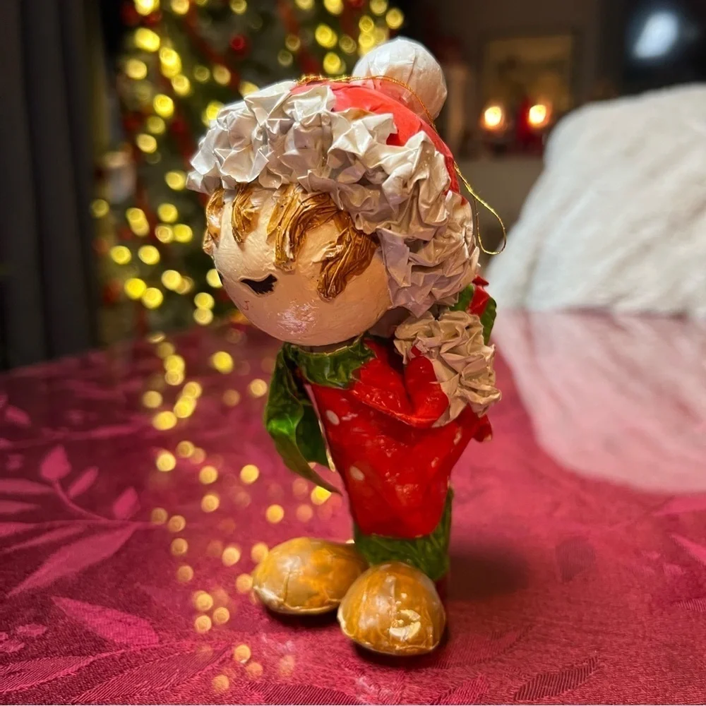 Paper Mache Christmas Caroler W/ Gift Behind Back Red Green 6” Tall Stands Up